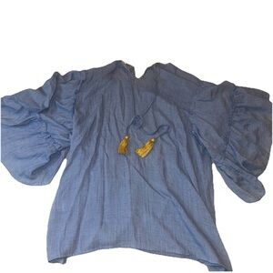 THML Blue Chambray Shirt L Ruffle Bell Sleeve